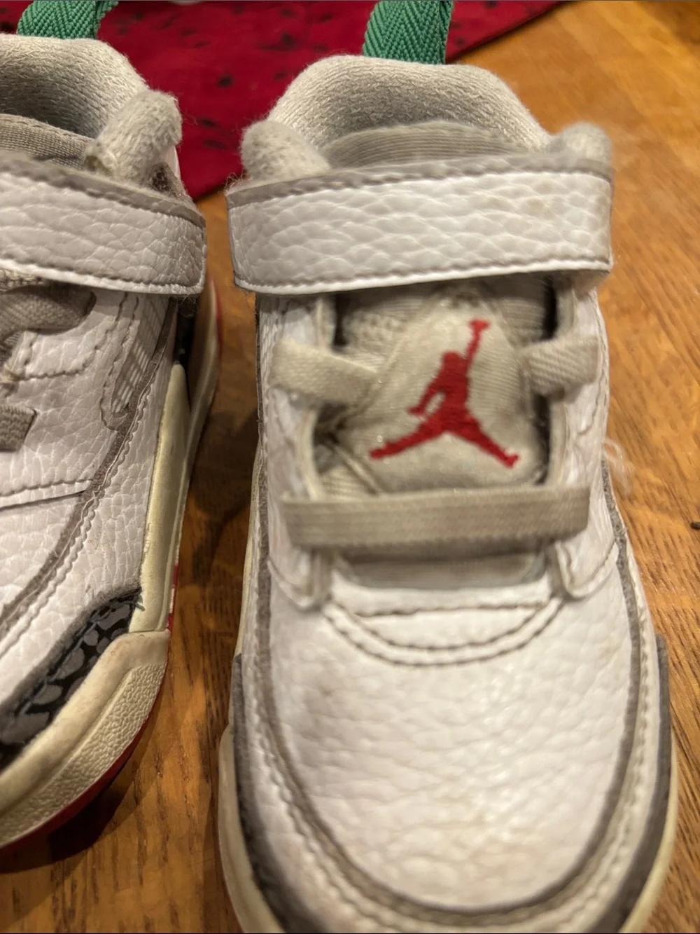 Jordan Baby White and Red High-Top Walker Shoes with Green Pull Tabs